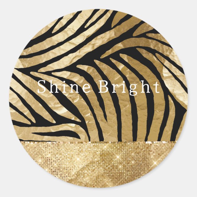 Glam Gold Black Zebra Animal Glitzy Sparkle  Classic Round Sticker (Front)