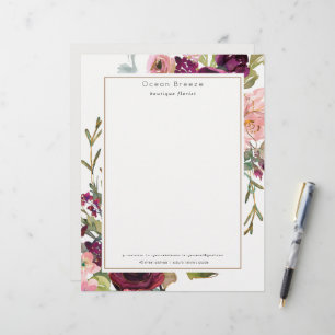 Glam Gold Blush Burgundy Watercolor Rose Floral Custom Letterhead