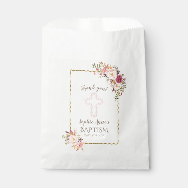 Glam Gold Blush Floral Baptism Thank you Favour Bag (Front)