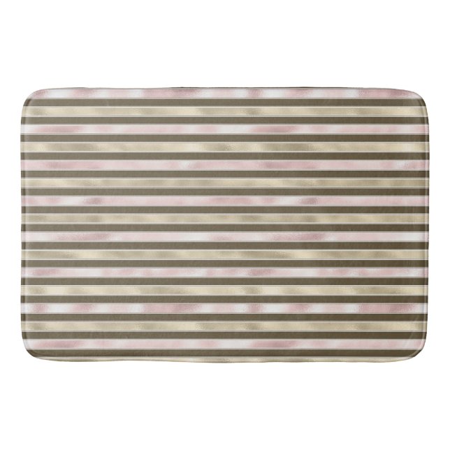 Glam Gold Blush Pink Brown Stripes Bath Mat (Front)