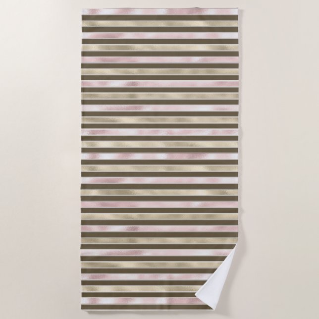 Glam Gold Blush Pink Brown Stripes Beach Towel (Front)