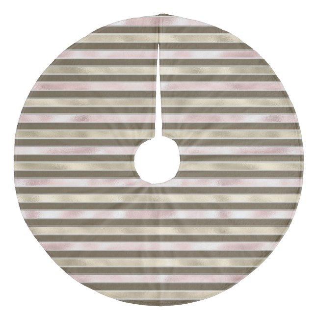 Glam Gold Blush Pink Brown Stripes Fleece Tree Skirt (Front)