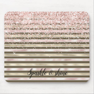 Glam Gold Blush Pink Brown Stripes Girly Glitter Mouse Pad