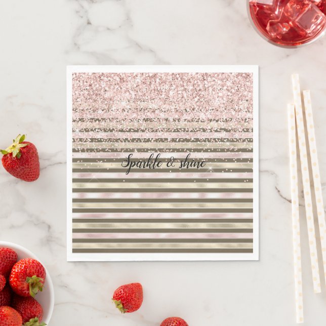Glam Gold Blush Pink Brown Stripes Girly Glitter Napkin (Insitu)