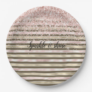 Glam Gold Blush Pink Brown Stripes Girly Glitter Paper Plate