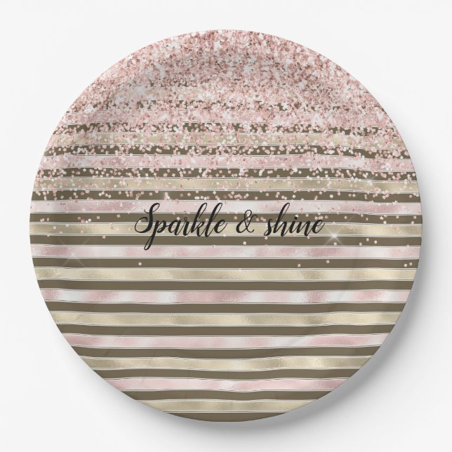 Glam Gold Blush Pink Brown Stripes Girly Glitter Paper Plate (Front)