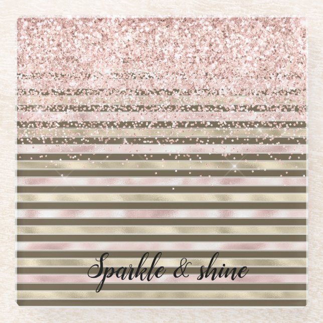 Glam Gold Blush Pink Brown Stripes Glitter Sparkle Glass Coaster (Front)