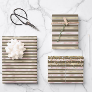 Glam Gold Blush Pink Brown Stripes Wrapping Paper Sheet