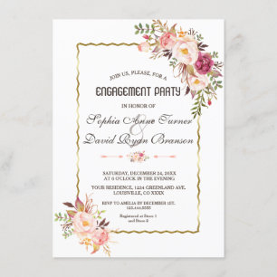 Glam Gold Blush Pink Floral Engagement Party Invitation