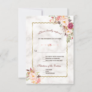Glam Gold Blush Pink Floral Marble Wedding RSVP Card