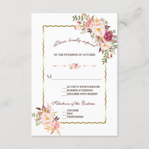 Glam Gold Blush Pink Floral Wedding RSVP Card