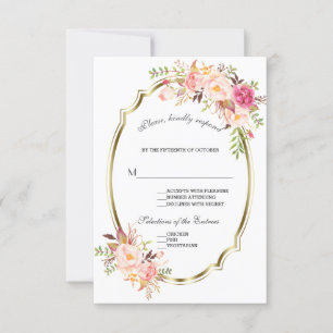 Glam Gold Blush Pink Floral Wedding RSVP Card