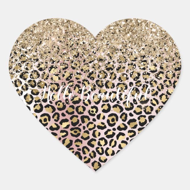 Glam Gold Blush Pink Leopard Print Glitter   Heart Sticker (Front)