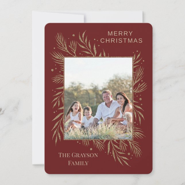 Glam Gold Botanical Maroon Photo Card (Front)