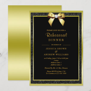 Glam Gold Bow & Black Glitter Rehearsal Dinner Invitation