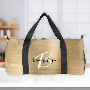Glam Gold Brushed Metal Black and White Monogram Duffle Bag