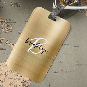 Glam Gold Brushed Metal Black White Monogram  Luggage Tag