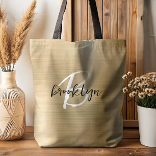 Glam Gold Brushed Metal Black White Monogram  Tote Bag