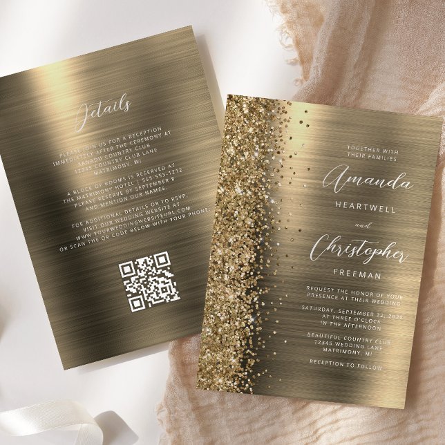 Glam Gold Brushed Metal QR Code Wedding Invitation (Creator Uploaded)