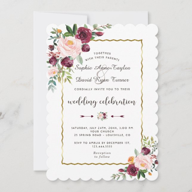 Glam Gold Burgundy Blush Bloom Floral Wedding Invitation (Front)