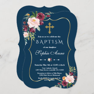 Glam Gold Burgundy Blush Floral Navy Blue Baptism Invitation
