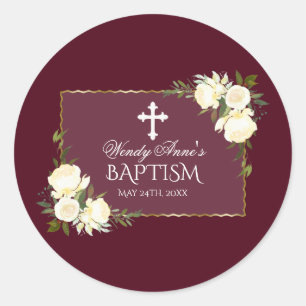Glam Gold Burgundy White Floral Baptism Invite Classic Round Sticker