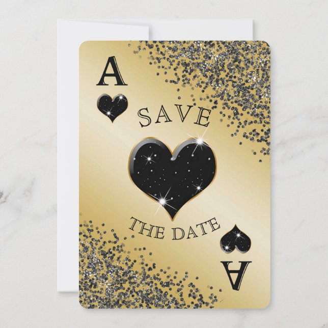 Glam Gold Casino Heart Playing Card Save The Date  (Back)