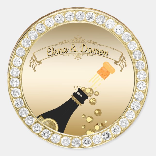 Glam Gold Champagne & Diamonds Engagement Party Classic Round Sticker (Front)