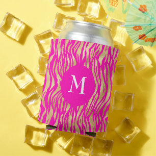Glam Gold Chic Animal Print on Hot Pink Monogram Can Cooler