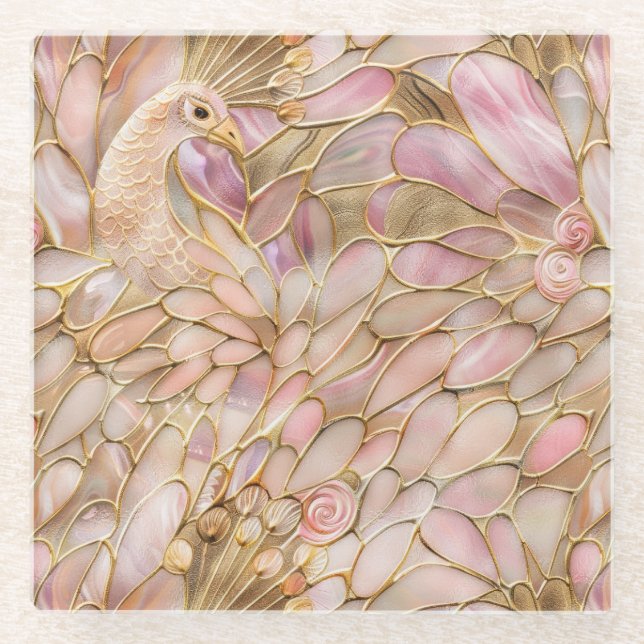 Glam Gold Chic Pink Peacock Glass Coaster (Front)