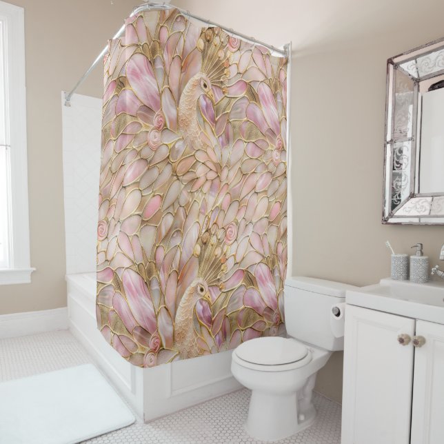 Glam Gold Chic Pink Peacock Shower Curtain (In Situ)
