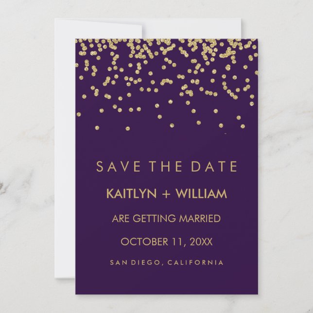 Glam Gold Confetti and Deep Purple Save the Date (Front)