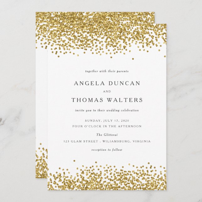 Glam Gold Confetti Dots Wedding Invitation (Front/Back)