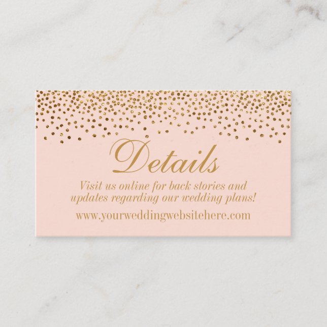 Glam Gold Confetti on Blush Wedding Details Cards (Front)