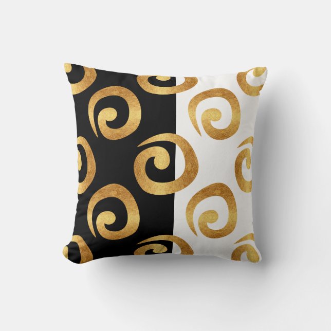 Glam Gold Curls on Black and White Cushion (Front)