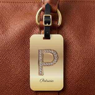 Glam Gold Diamond Monogram Initial Letter P Luggage Tag