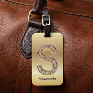 Glam Gold Diamond Monogram Initial Letter S Luggage Tag