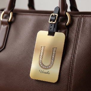 Glam Gold Diamond Monogram Initial Letter U Luggage Tag