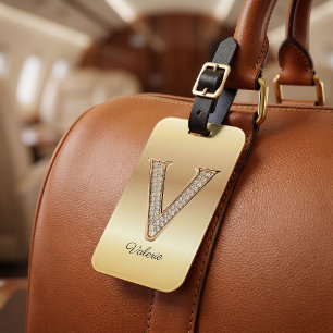 Glam Gold Diamond Monogram Initial Letter V Luggage Tag