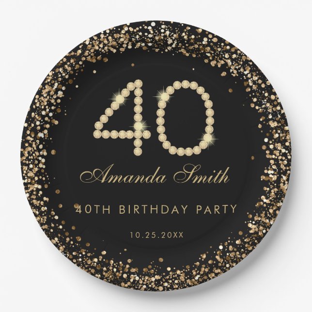 Glam Gold Diamonds 40th Birthday Party Paper Plate (Front)