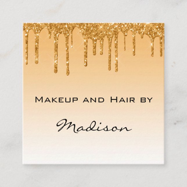 Glam Gold Dripping Glitter Drips Makeup Artist Square Business Card (Front)