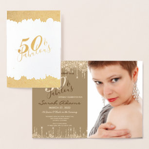 Glam Gold Drips 50 & Fab Birthday Party Real Invit Foil Card