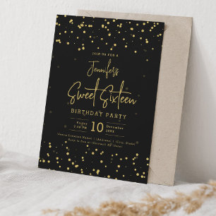 Glam Gold Faux Foil Dots Sweet 16 Black Invitation