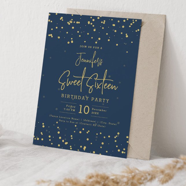 Glam Gold Faux Foil Dots Sweet 16 Navy Blue  Invitation (Glam Gold Faux Foil Dots Sweet 16 Navy Blue Invitation)
