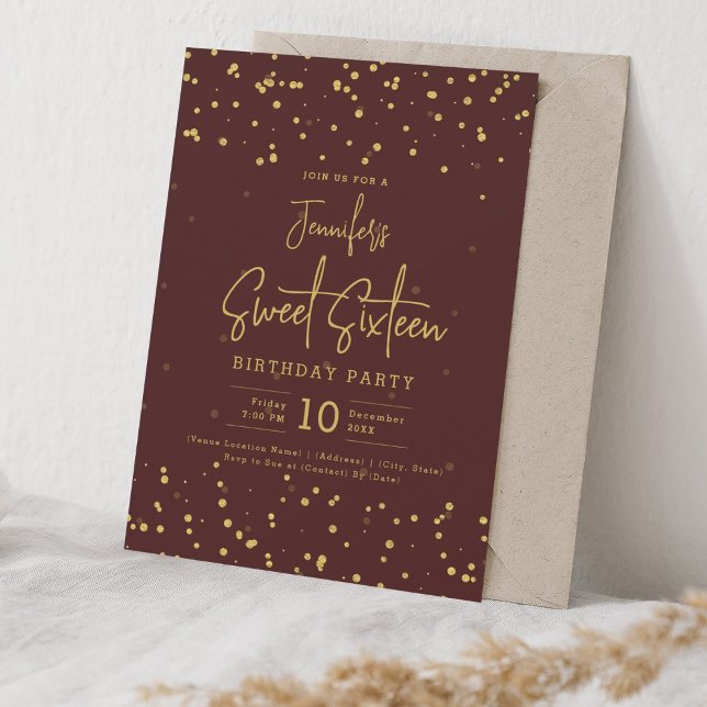 Glam Gold Faux Foil Dots Sweet 16 Party Burgundy  Invitation (Glam Gold Faux Foil Dots Sweet 16 Party Burgundy Invitation)