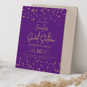 Glam Gold Faux Foil Dots Sweet 16 Purple  Invitation