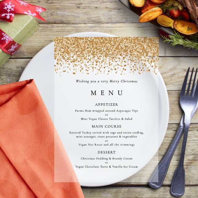 Glam Gold Faux Glitter Christmas Party Menu Acrylic Invitations (Creator Uploaded)