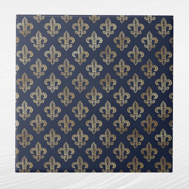 Glam Gold Fleur de Lis Navy Blue Ceramic Tile (Creator Uploaded)