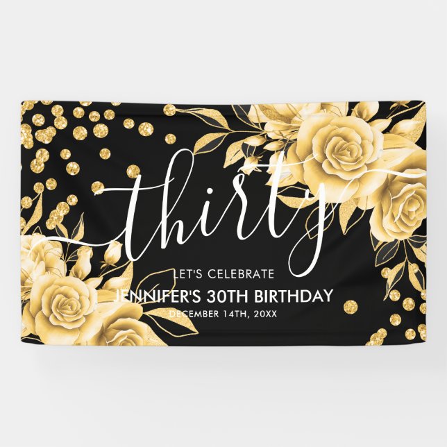 Glam Gold Floral Glitter 30th Birthday Black Banner (Horizontal)