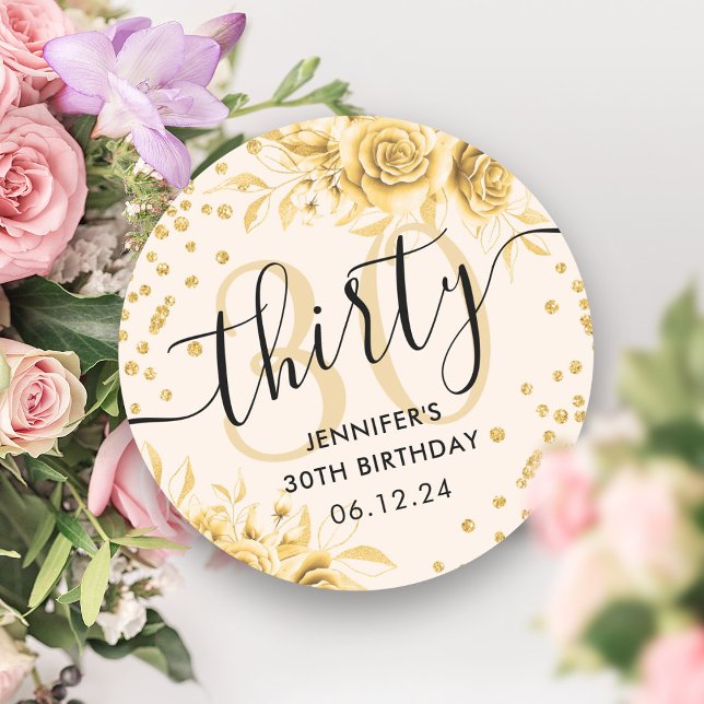 Glam Gold Floral Glitter 30th Birthday Script Classic Round Sticker (Glam Gold Floral Glitter 30th Birthday Script Classic Round Sticker)
